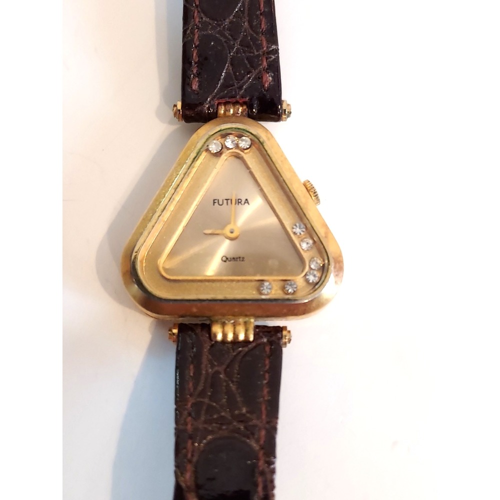 Vintage Futura Triangular Gold Tone Quartz Watch • Rhinestone Accents -Untested